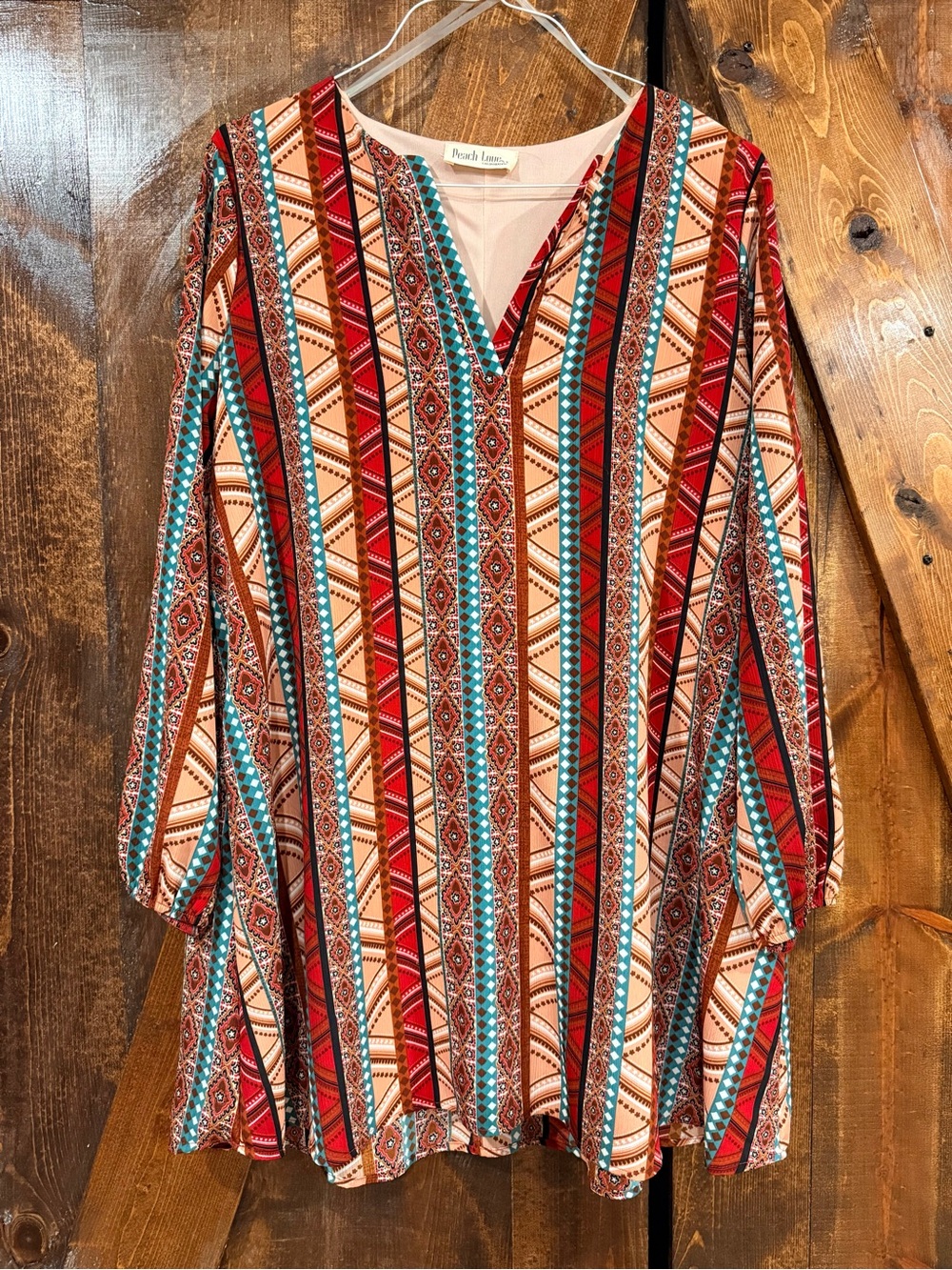 Peach Love California Long Sleeve Striped Tribal Tunic Dress red,Turquoise,Cream